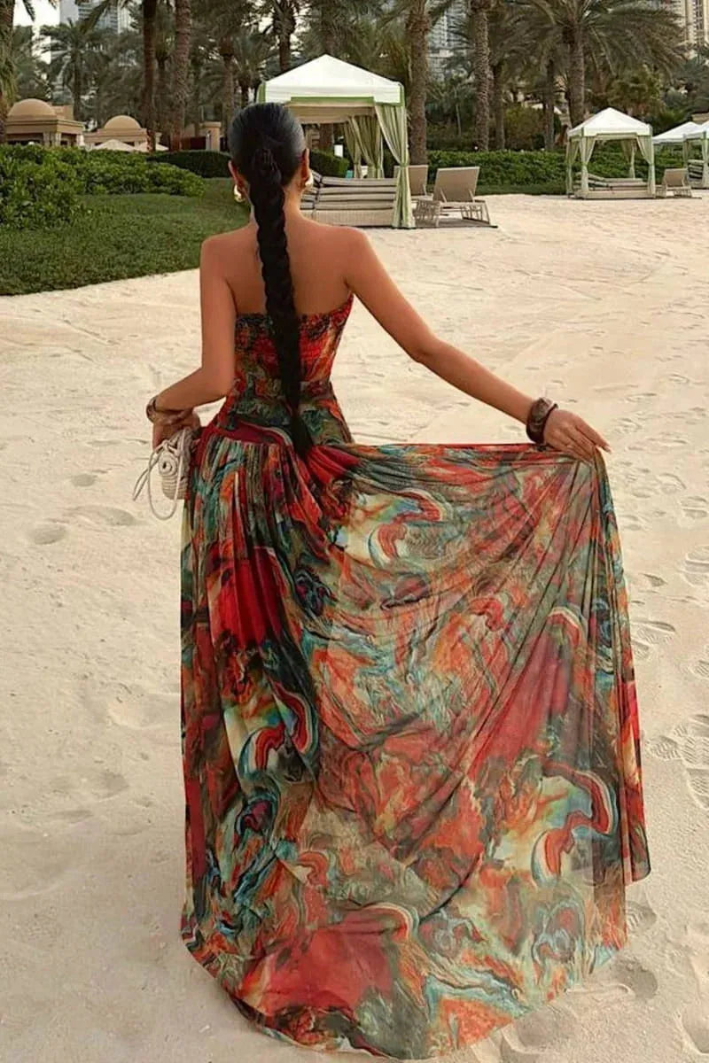 Women's Floral Strapless Maxi Wedding Guest Dress with Pleated Details