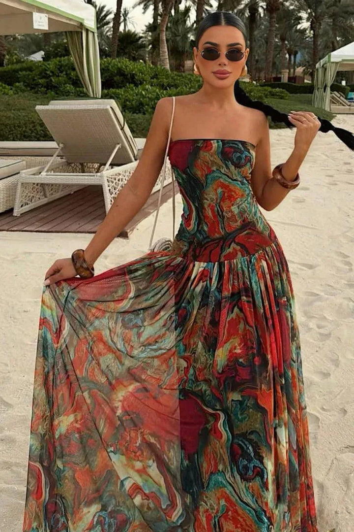 Women's Floral Strapless Maxi Wedding Guest Dress with Pleated Details