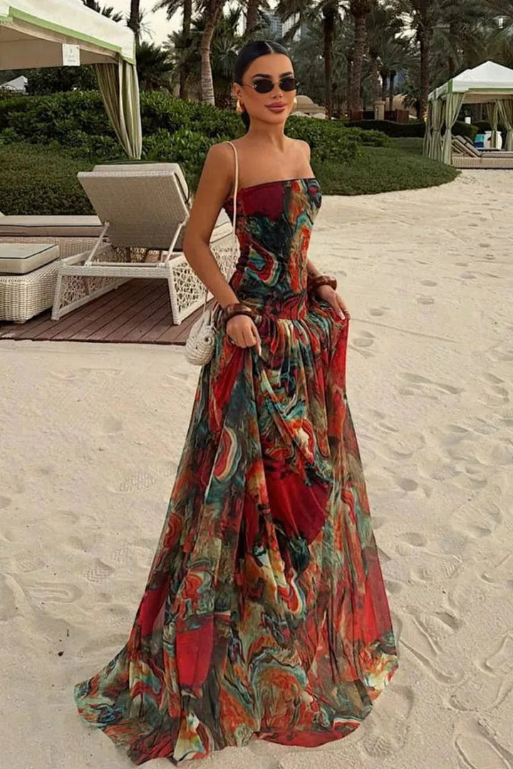 Women's Floral Strapless Maxi Wedding Guest Dress with Pleated Details