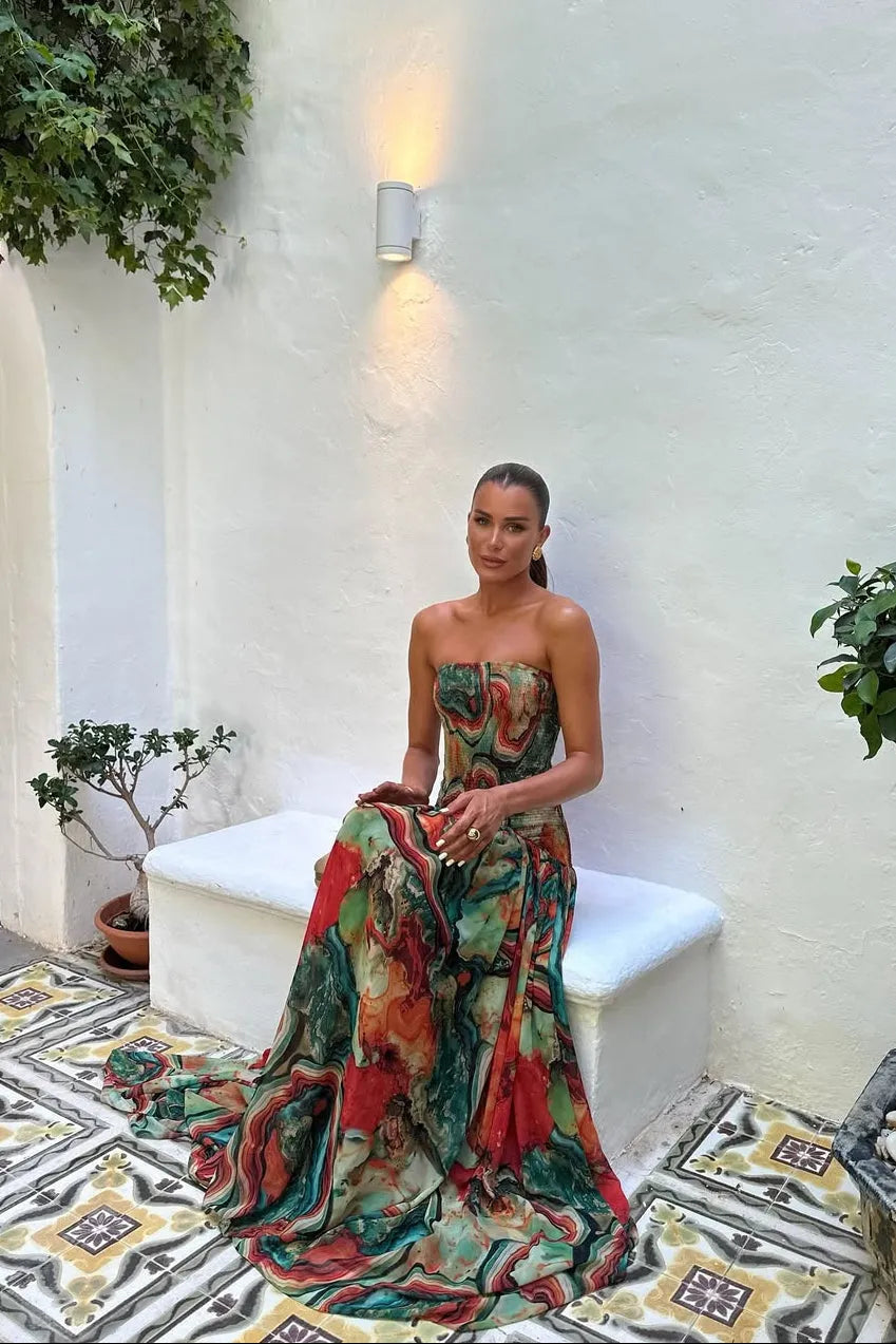 Women's Floral Strapless Maxi Wedding Guest Dress with Pleated Details