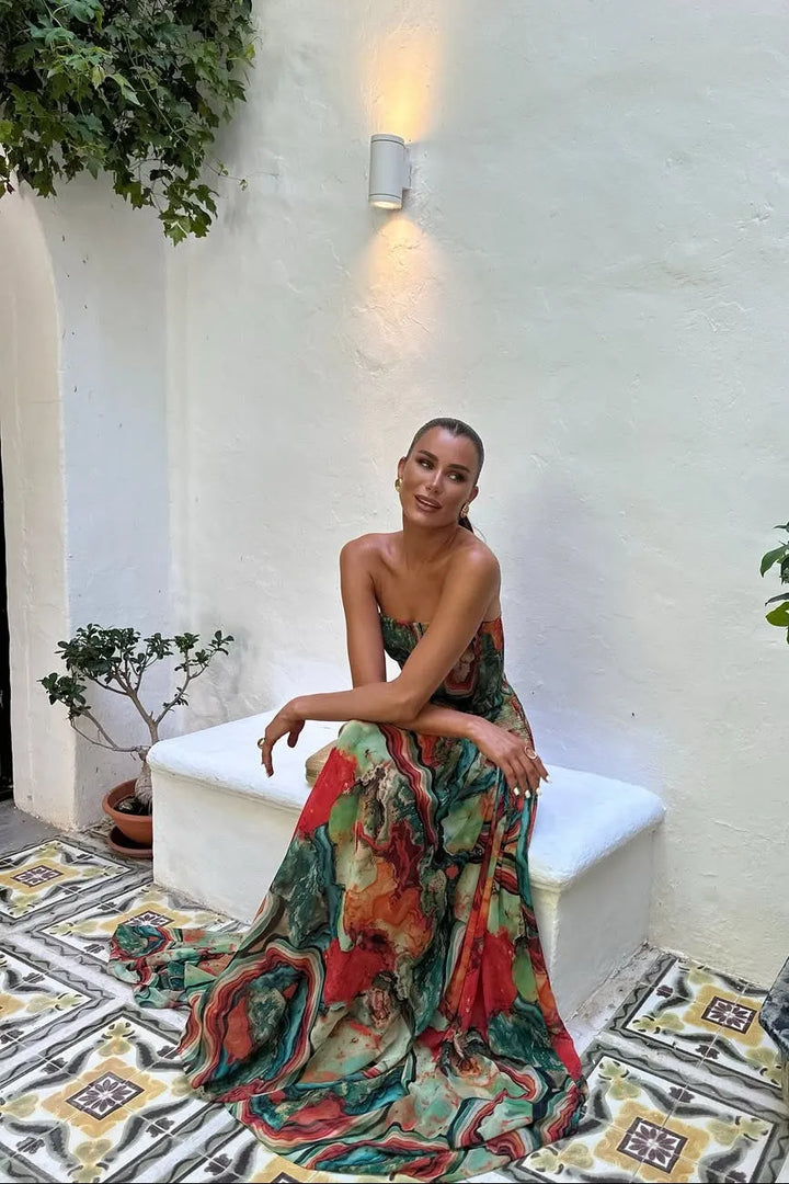 Women's Floral Strapless Maxi Wedding Guest Dress with Pleated Details