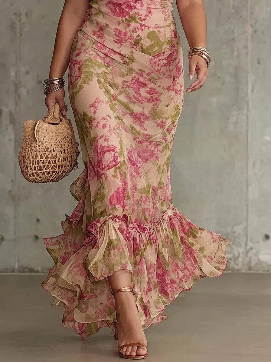 Women's Floral Vintage Maxi Wedding Guest Dress with Puff Sleeve