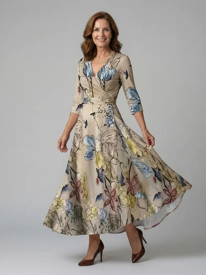 Women's Floral Wrap Maxi Wedding Guest Dress with V-Neck