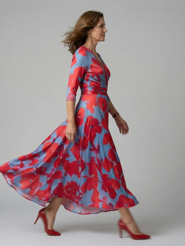 Women's Floral Wrap Maxi Wedding Guest Dress with V-Neck
