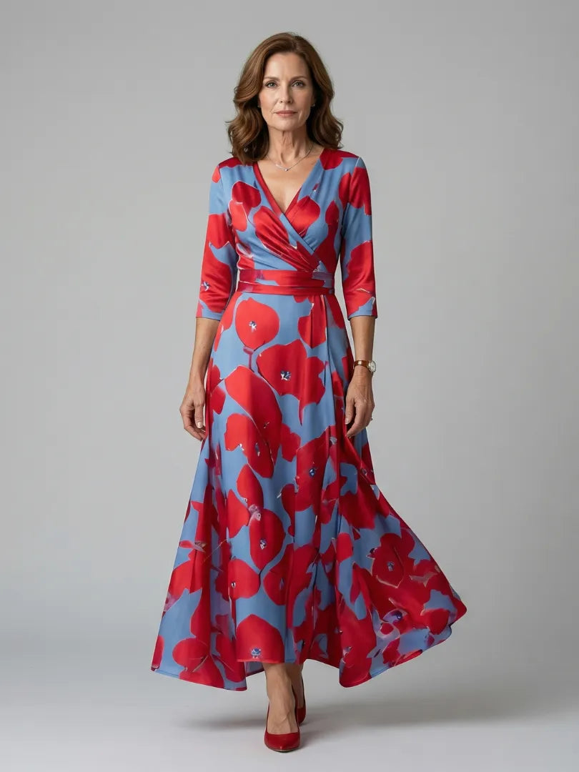 Women's Floral Wrap Maxi Wedding Guest Dress with V-Neck