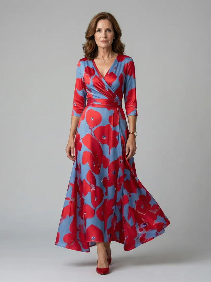 Women's Floral Wrap Maxi Wedding Guest Dress with V-Neck