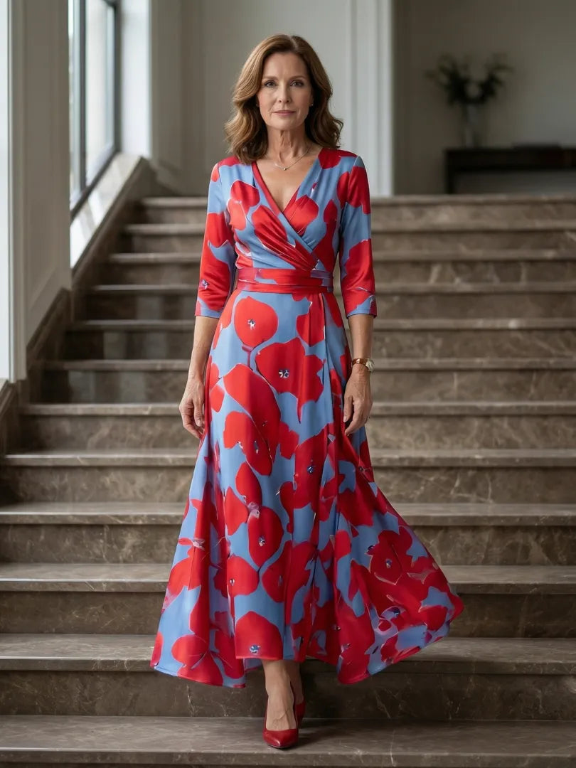 Women's Floral Wrap Maxi Wedding Guest Dress with V-Neck