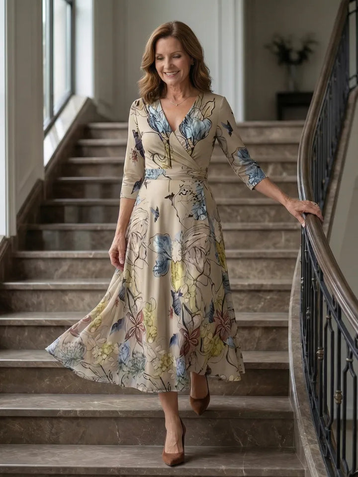 Women's Floral Wrap Maxi Wedding Guest Dress with V-Neck