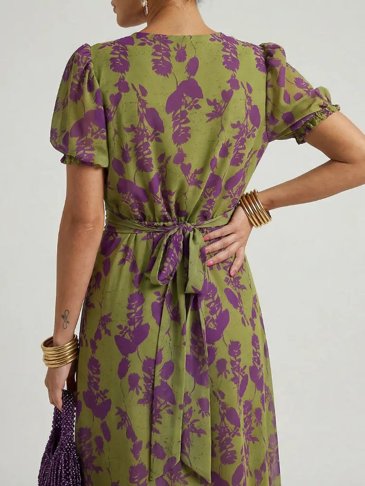 Women's Floral Wrap Midi Wedding Guest Dress with V-Neck