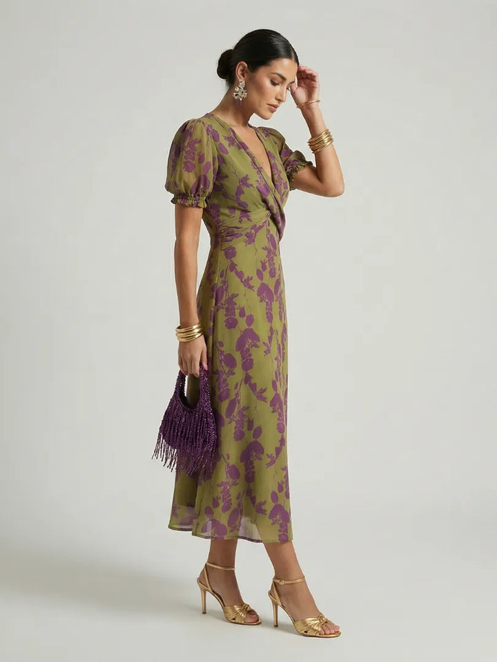 Women's Floral Wrap Midi Wedding Guest Dress with V-Neck