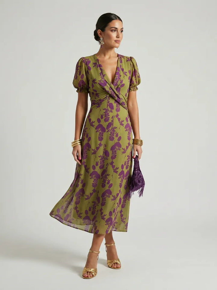 Women's Floral Wrap Midi Wedding Guest Dress with V-Neck