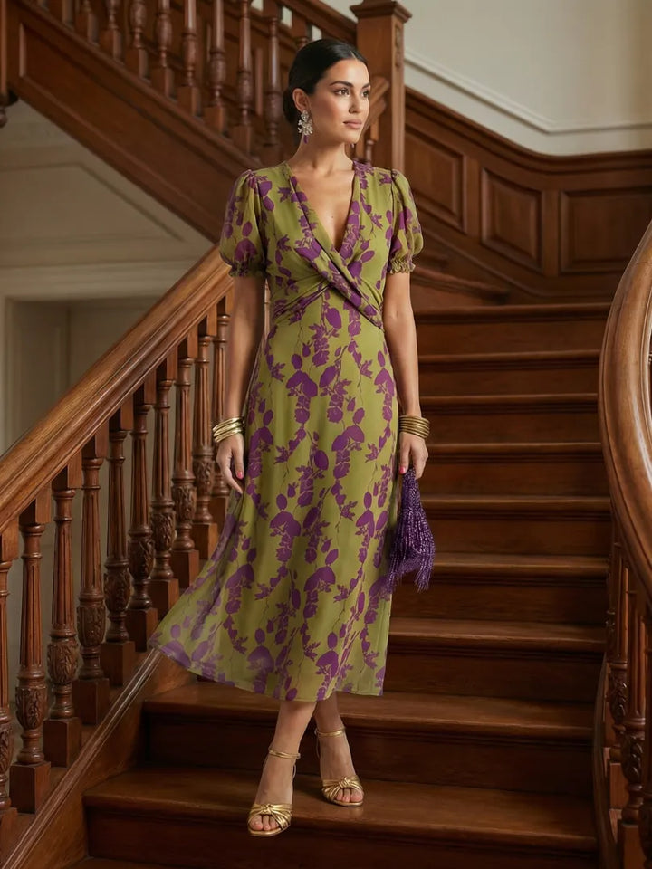 Women's Floral Wrap Midi Wedding Guest Dress with V-Neck