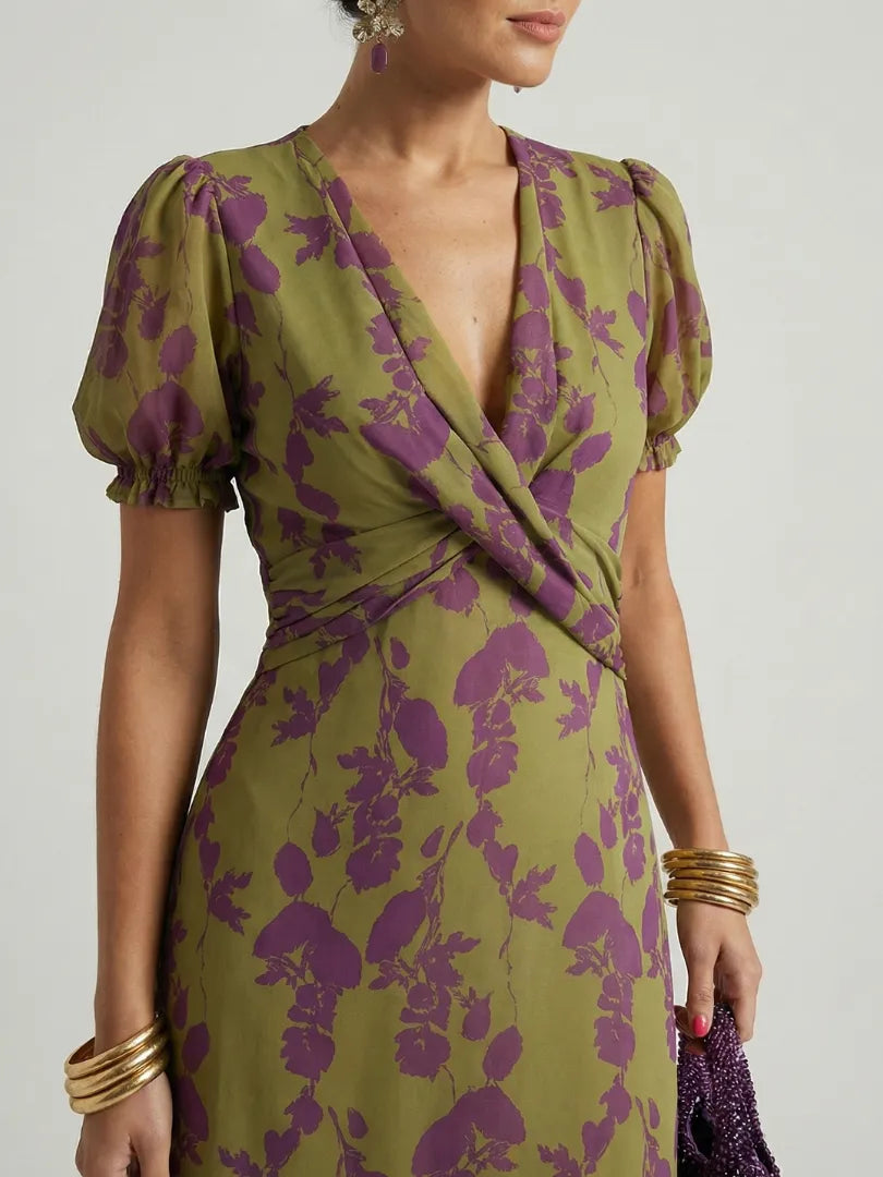 Women's Floral Wrap Midi Wedding Guest Dress with V-Neck