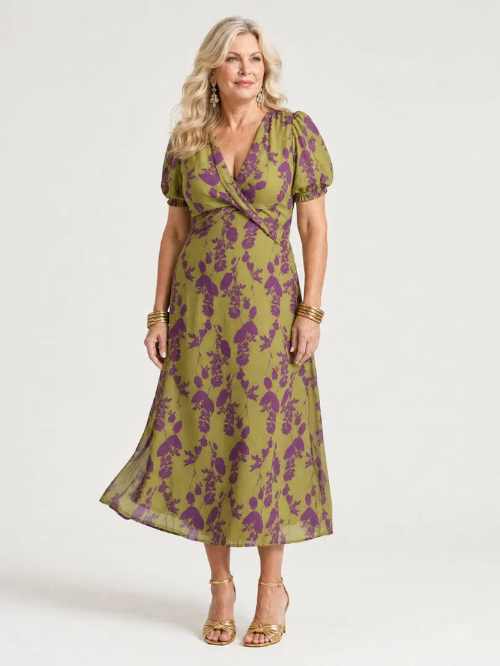 Women's Floral Wrap Midi Wedding Guest Dress with V-Neck