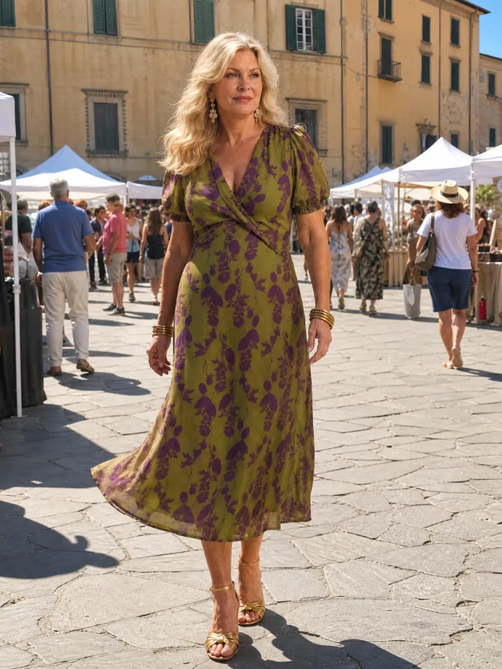 Women's Floral Wrap Midi Wedding Guest Dress with V-Neck
