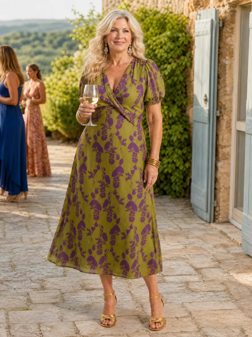 Women's Floral Wrap Midi Wedding Guest Dress with V-Neck