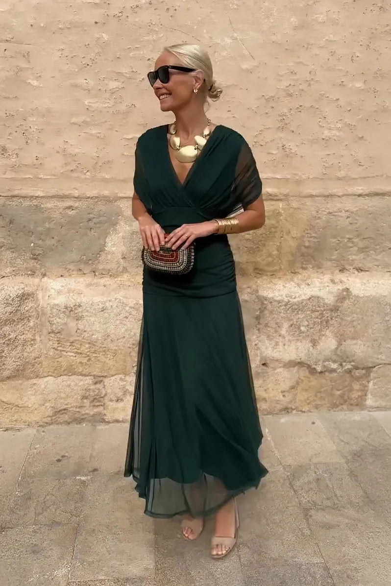 Women's Flowy Elegant Maxi Wedding Guest Dress with V-Neck