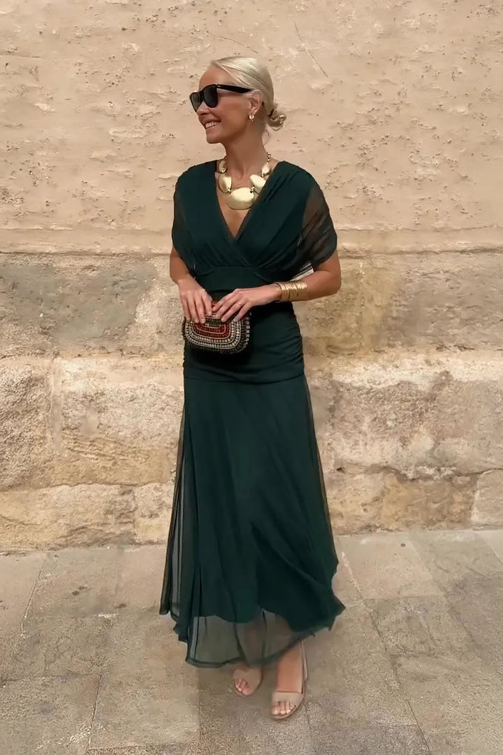 Women's Flowy Elegant Maxi Wedding Guest Dress with V-Neck
