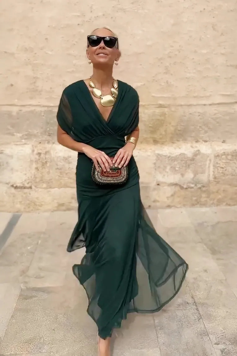 Women's Flowy Elegant Maxi Wedding Guest Dress with V-Neck