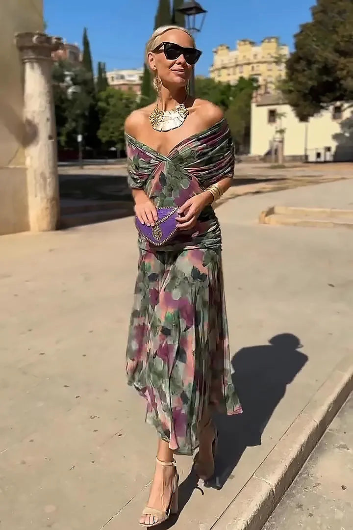 Women's Flowy Elegant Maxi Wedding Guest Dress with V-Neck