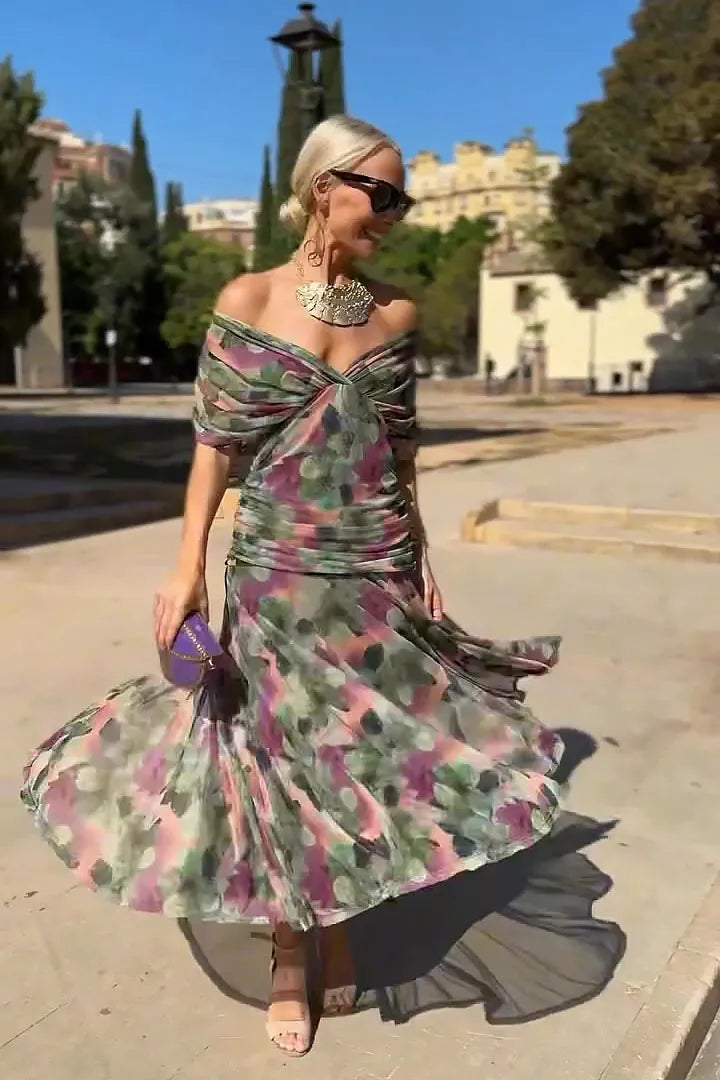 Women's Flowy Elegant Maxi Wedding Guest Dress with V-Neck