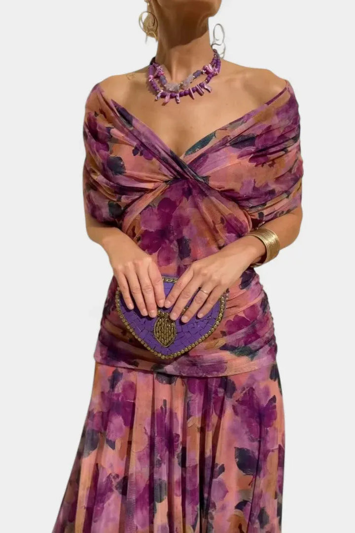 Women's Flowy Elegant Maxi Wedding Guest Dress with V-Neck