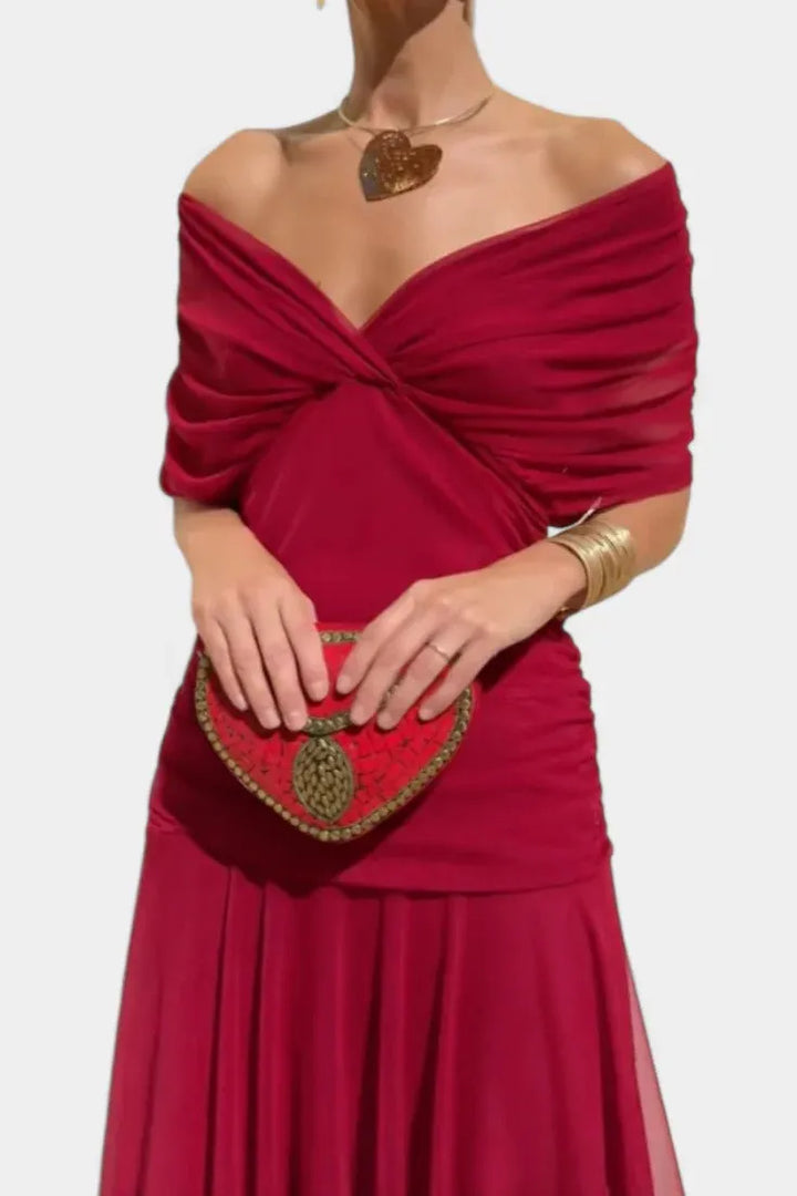 Women's Flowy Elegant Maxi Wedding Guest Dress with V-Neck