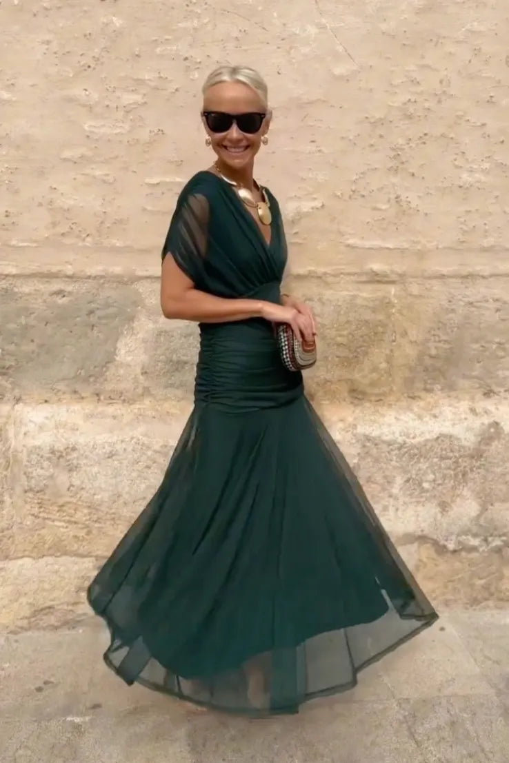 Women's Flowy Elegant Maxi Wedding Guest Dress with V-Neck