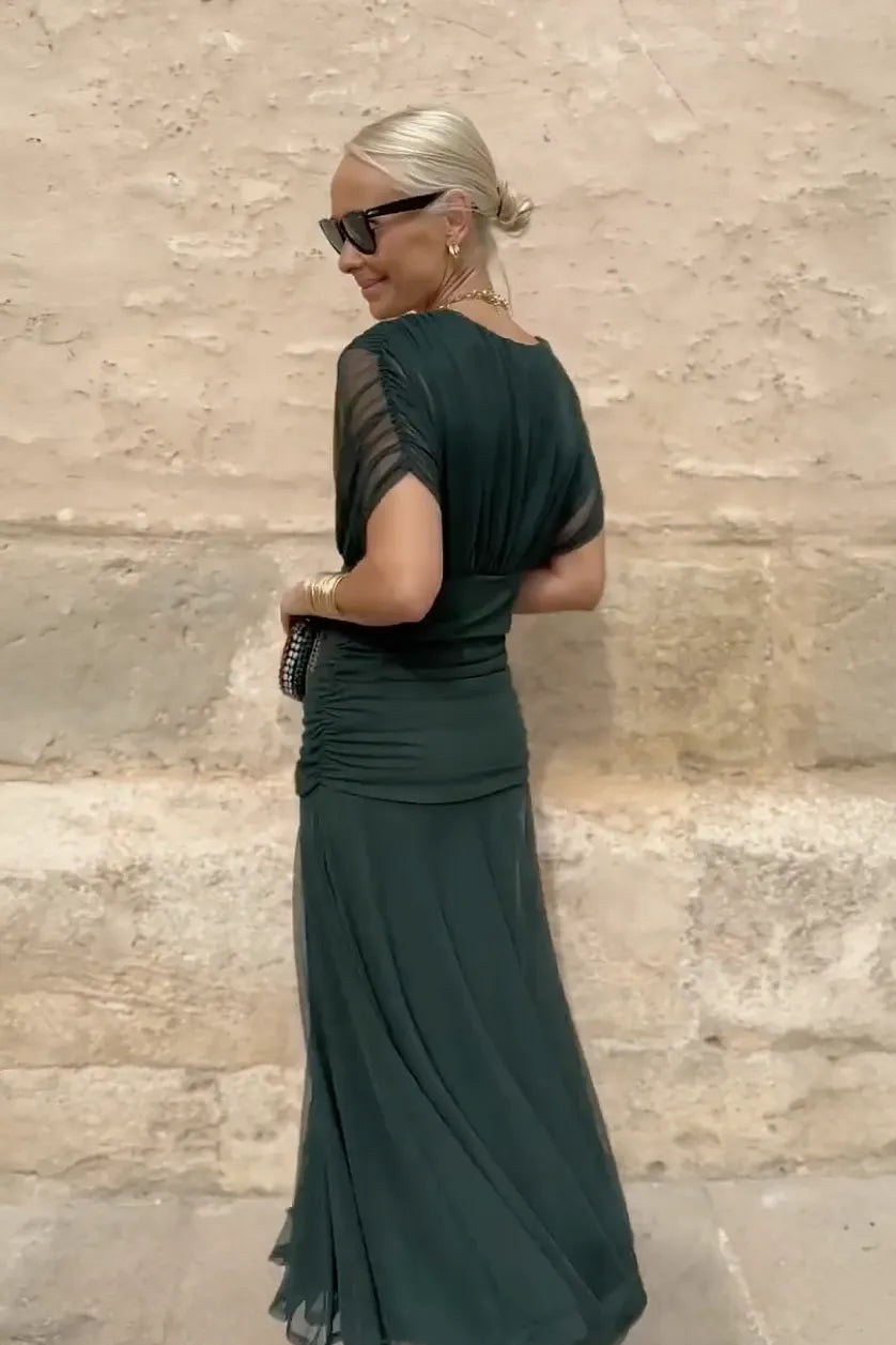 Women's Flowy Elegant Maxi Wedding Guest Dress with V-Neck