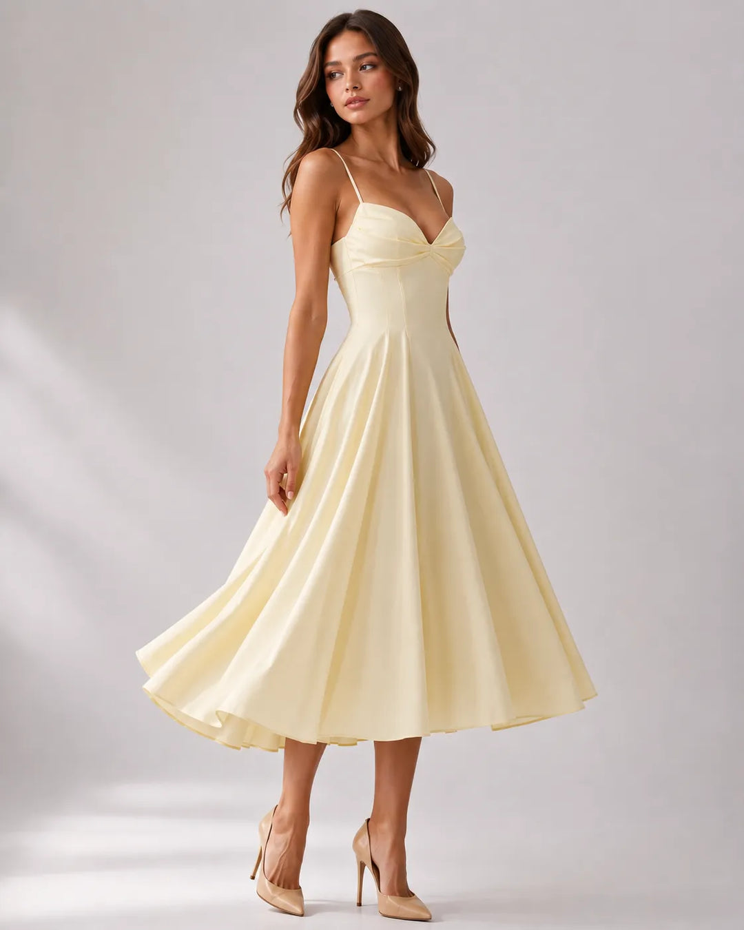 Women's Flowy Elegant Midi Wedding Guest Dress with Sweetheart Neckline