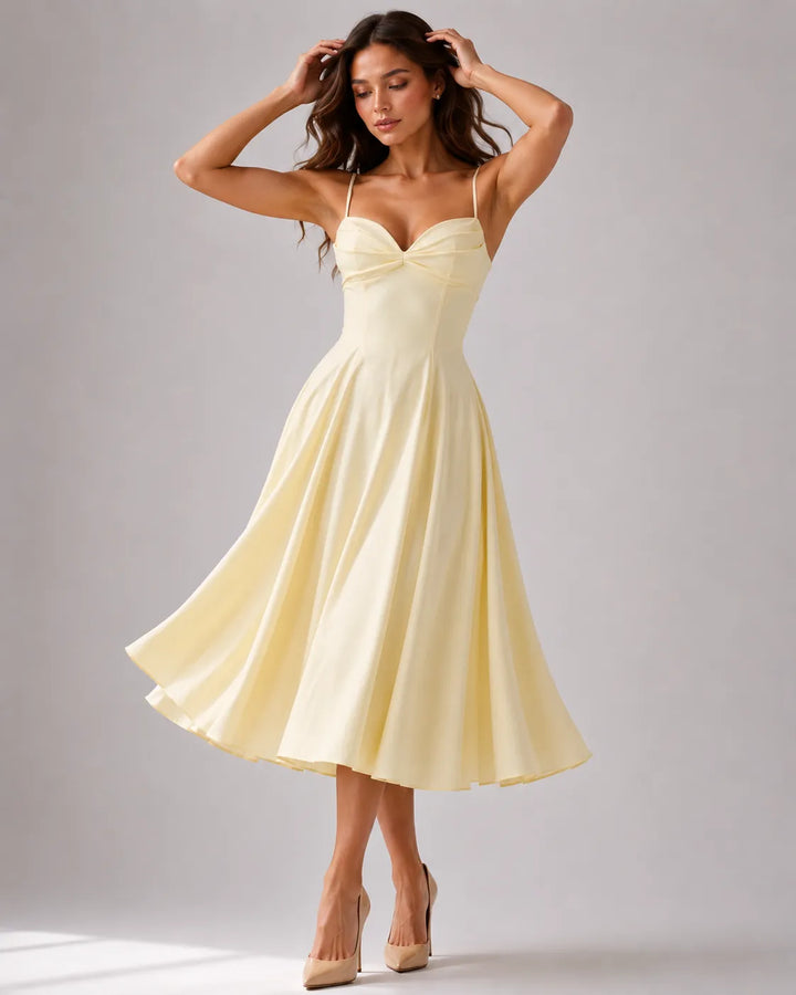 Women's Flowy Elegant Midi Wedding Guest Dress with Sweetheart Neckline