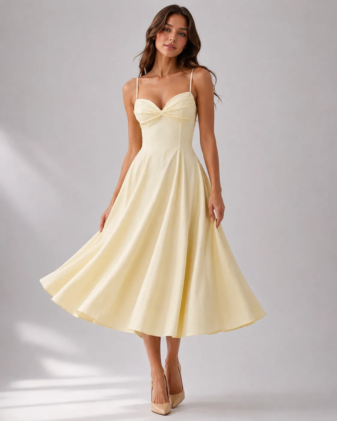 Women's Flowy Elegant Midi Wedding Guest Dress with Sweetheart Neckline