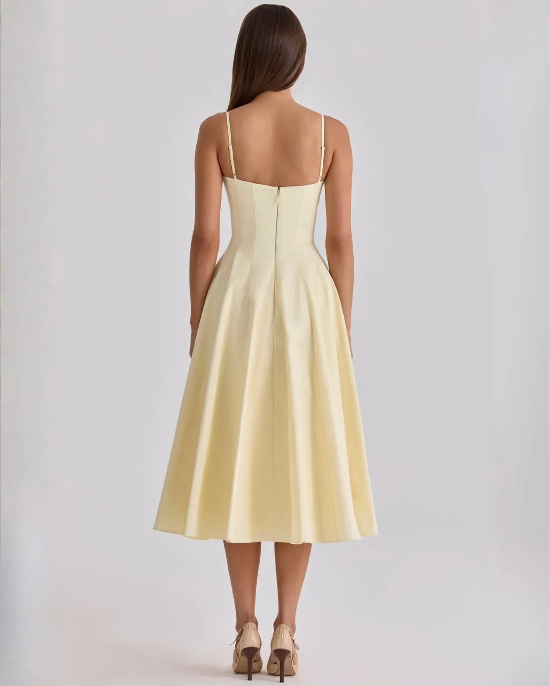 Women's Flowy Elegant Midi Wedding Guest Dress with Sweetheart Neckline