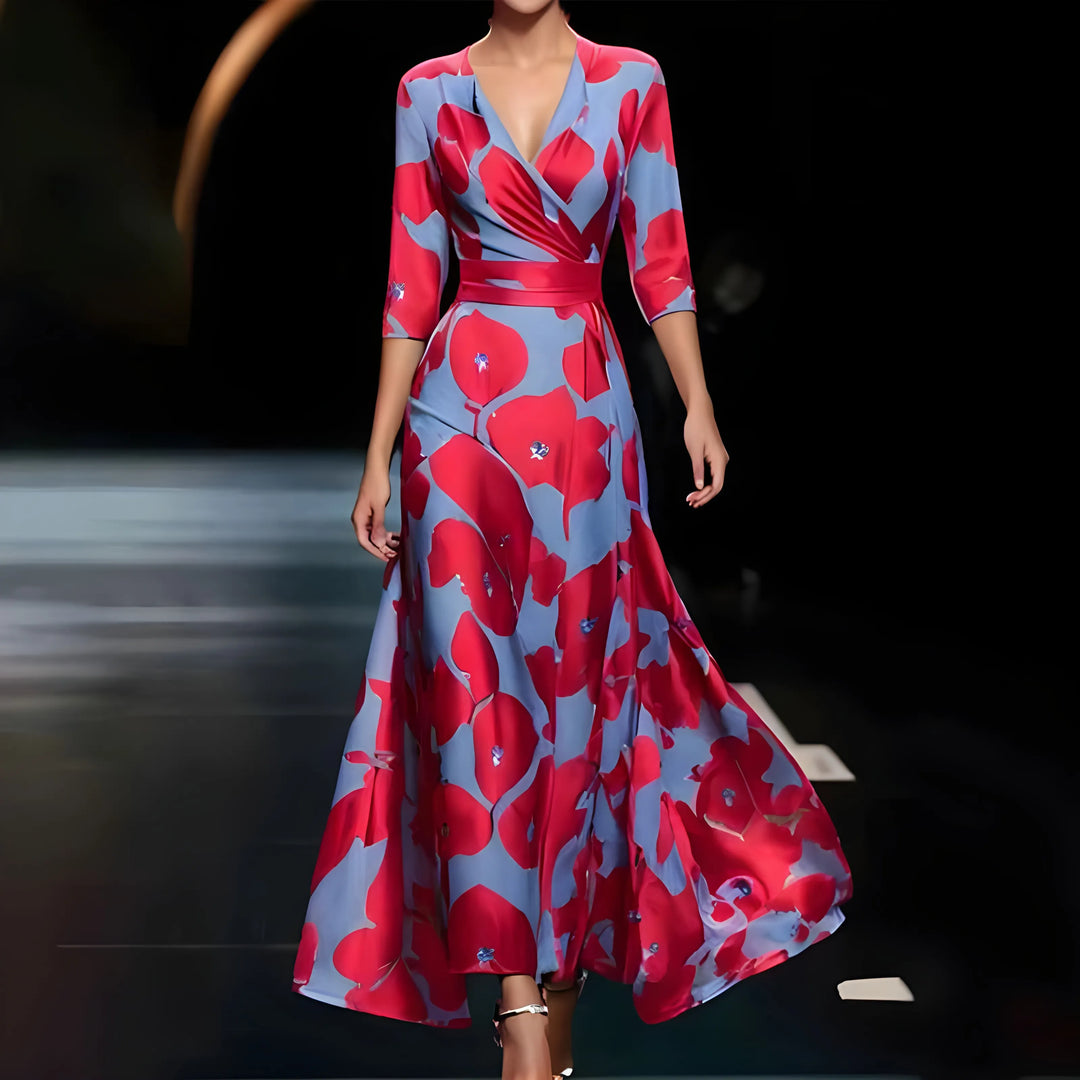 Women's Flowy Floral Maxi Wedding Guest Dress with V-Neck
