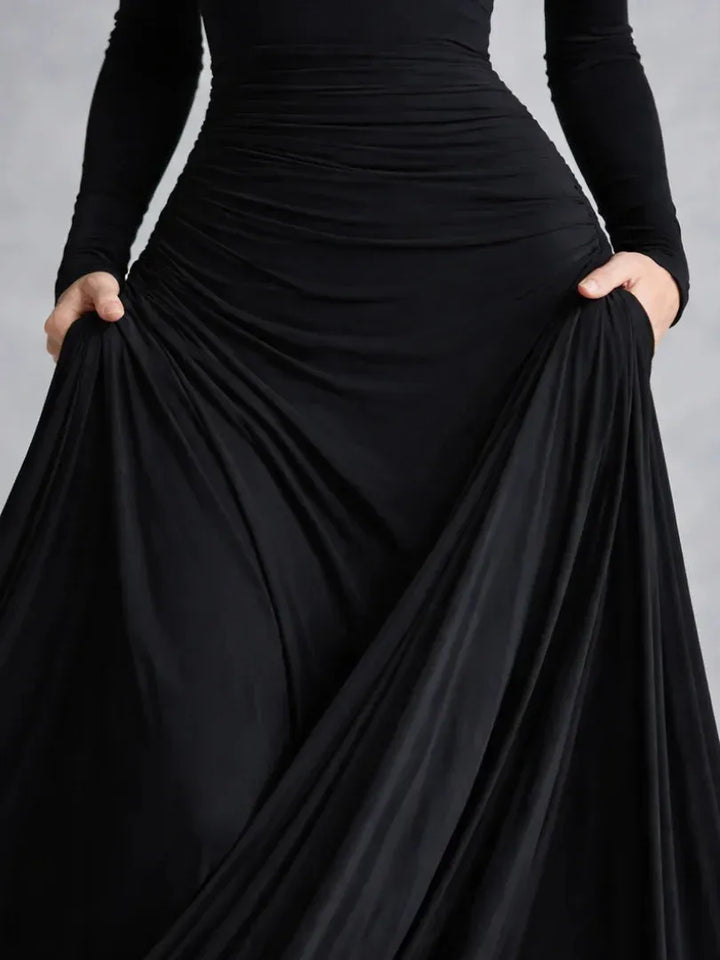 Women's Flowy Long Sleeve Maxi Wedding Guest Dres with Boat Neck