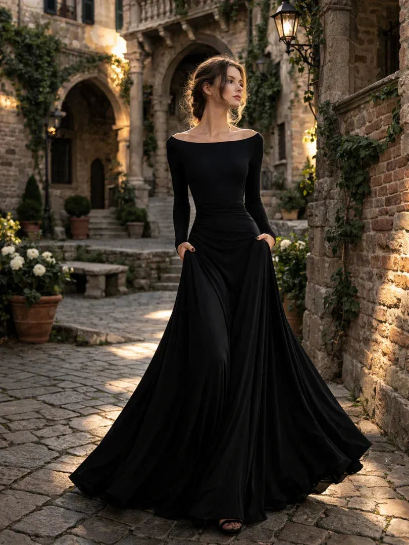 Women's Flowy Long Sleeve Maxi Wedding Guest Dres with Boat Neck