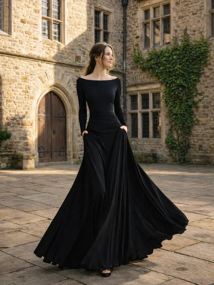 Women's Flowy Long Sleeve Maxi Wedding Guest Dres with Boat Neck