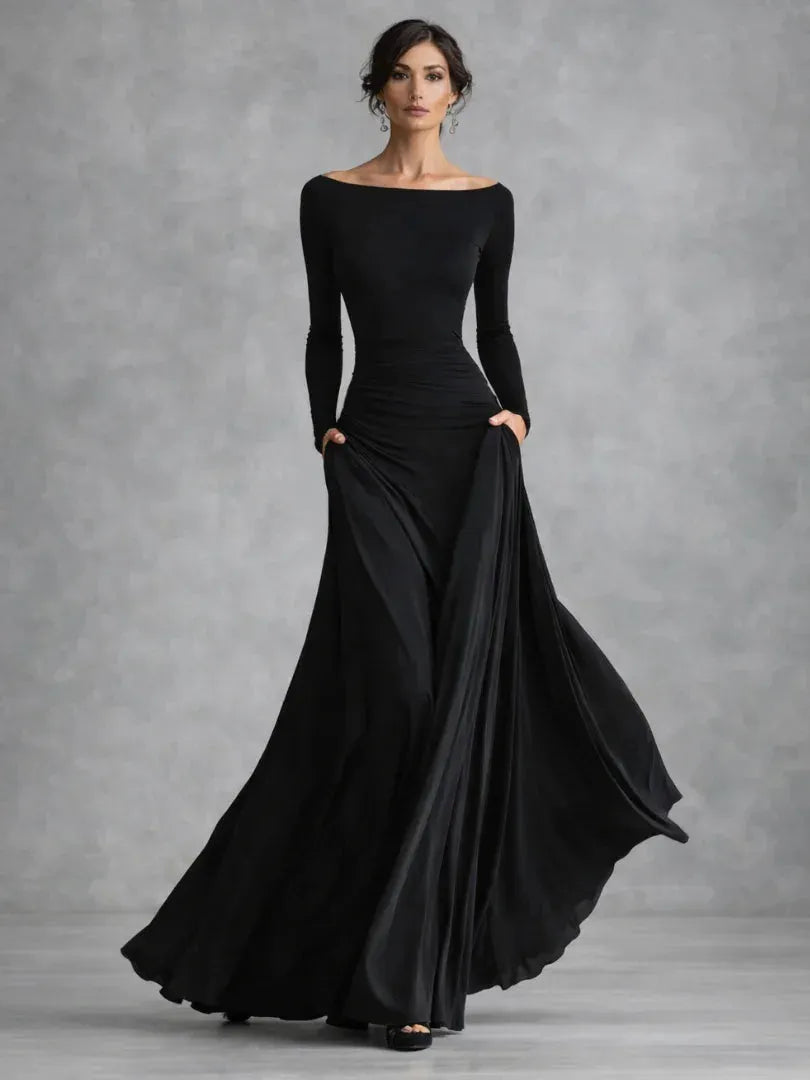 Women's Flowy Long Sleeve Maxi Wedding Guest Dres with Boat Neck