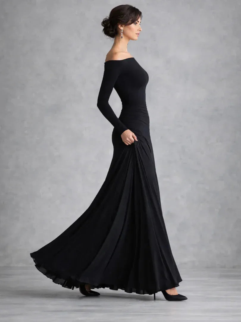 Women's Flowy Long Sleeve Maxi Wedding Guest Dres with Boat Neck