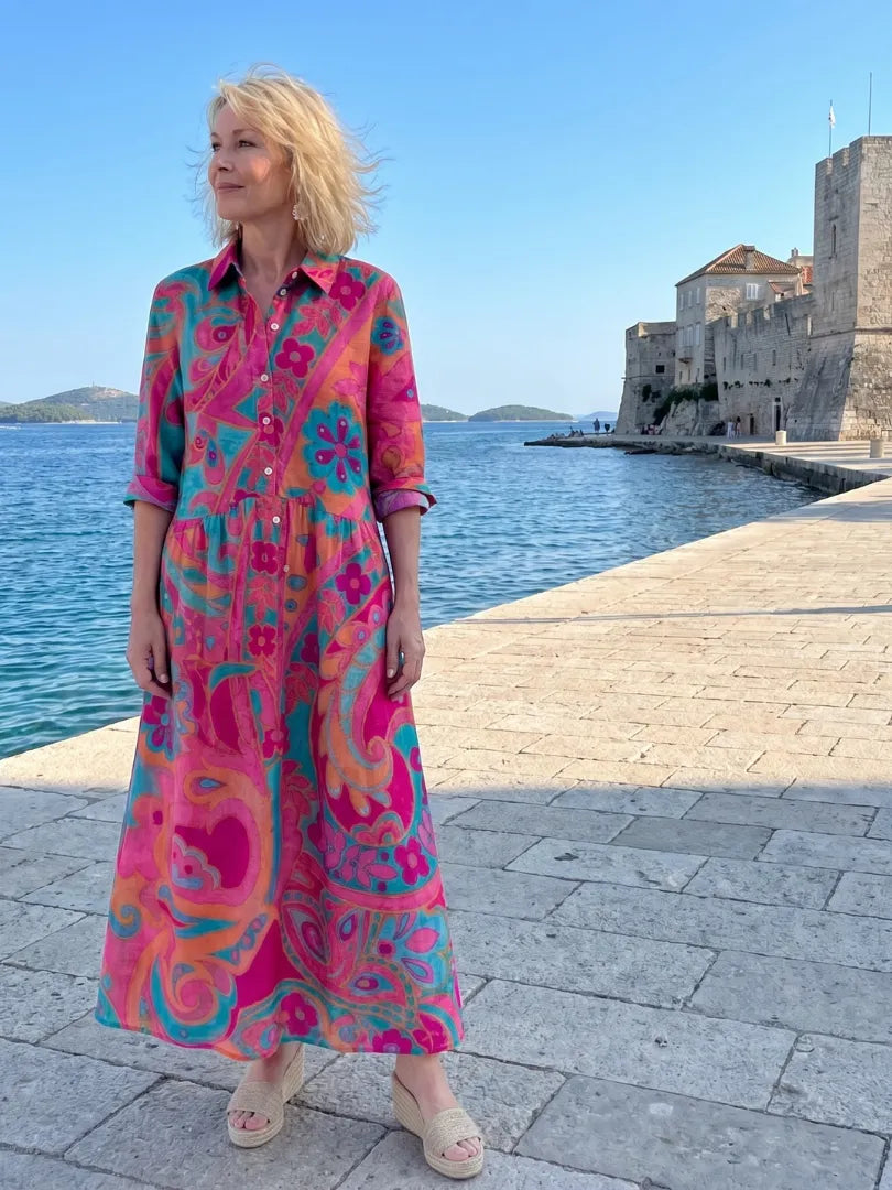 Women's Flowy Printed Maxi Wedding Guest Dress with Button Front