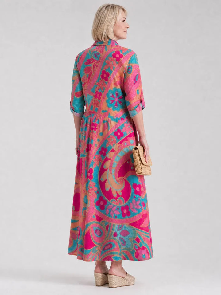 Women's Flowy Printed Maxi Wedding Guest Dress with Button Front