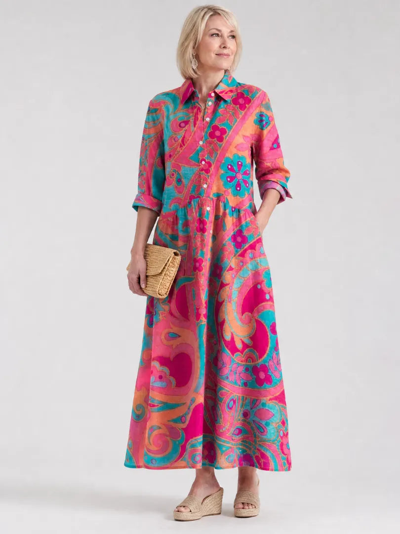 Women's Flowy Printed Maxi Wedding Guest Dress with Button Front