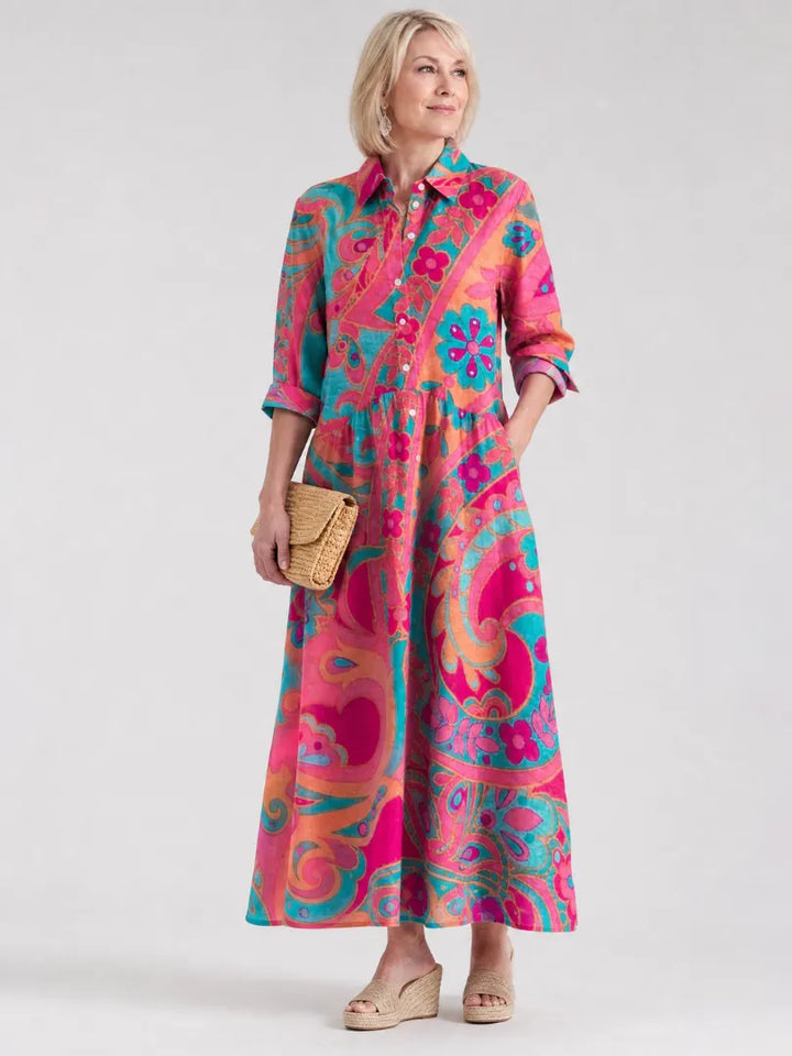 Women's Flowy Printed Maxi Wedding Guest Dress with Button Front