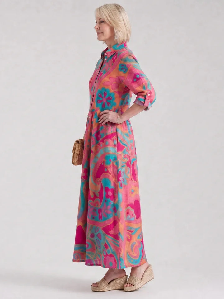 Women's Flowy Printed Maxi Wedding Guest Dress with Button Front