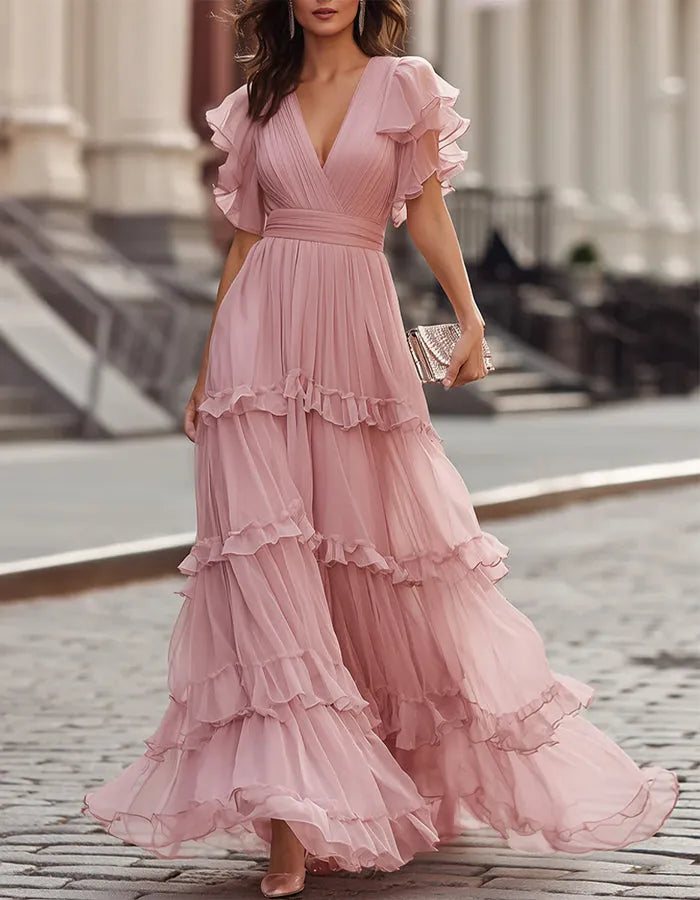 Women's Flowy Ruffle Maxi Wedding Guest Dress with V-Neck