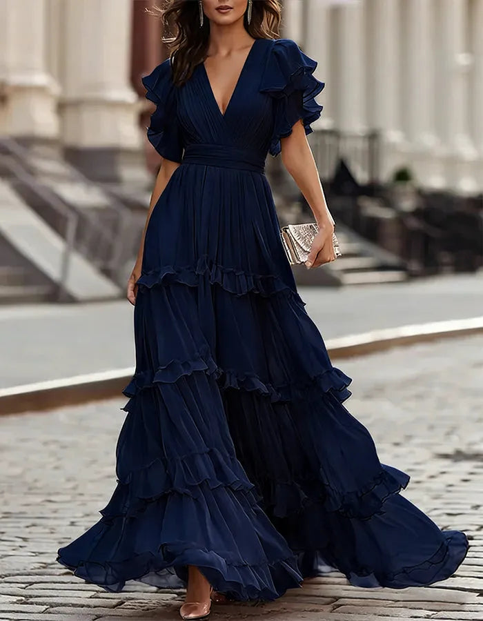 Women's Flowy Ruffle Maxi Wedding Guest Dress with V-Neck
