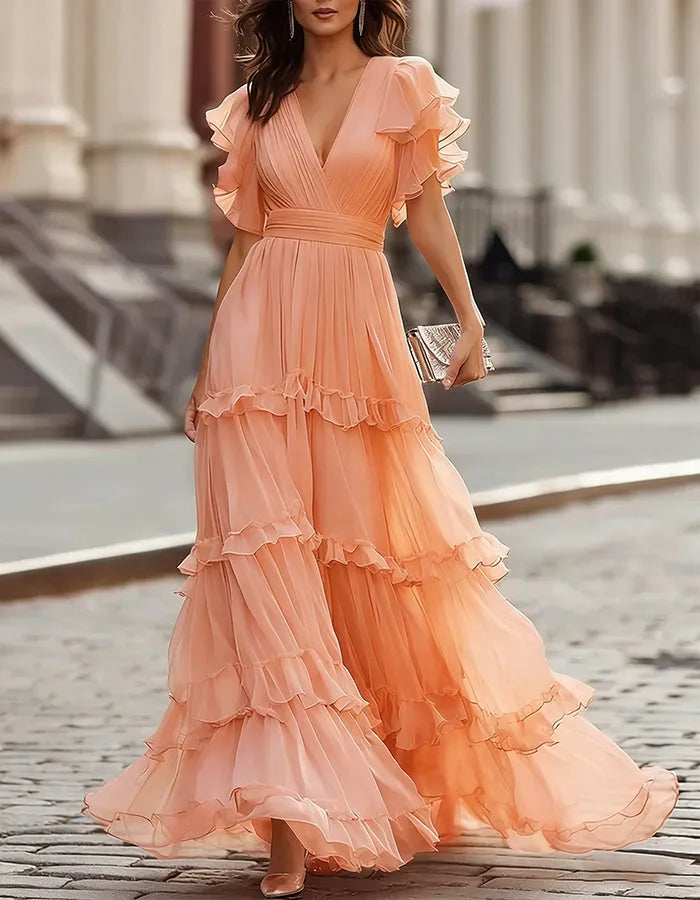 Women's Flowy Ruffle Maxi Wedding Guest Dress with V-Neck