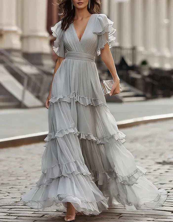 Women's Flowy Ruffle Maxi Wedding Guest Dress with V-Neck