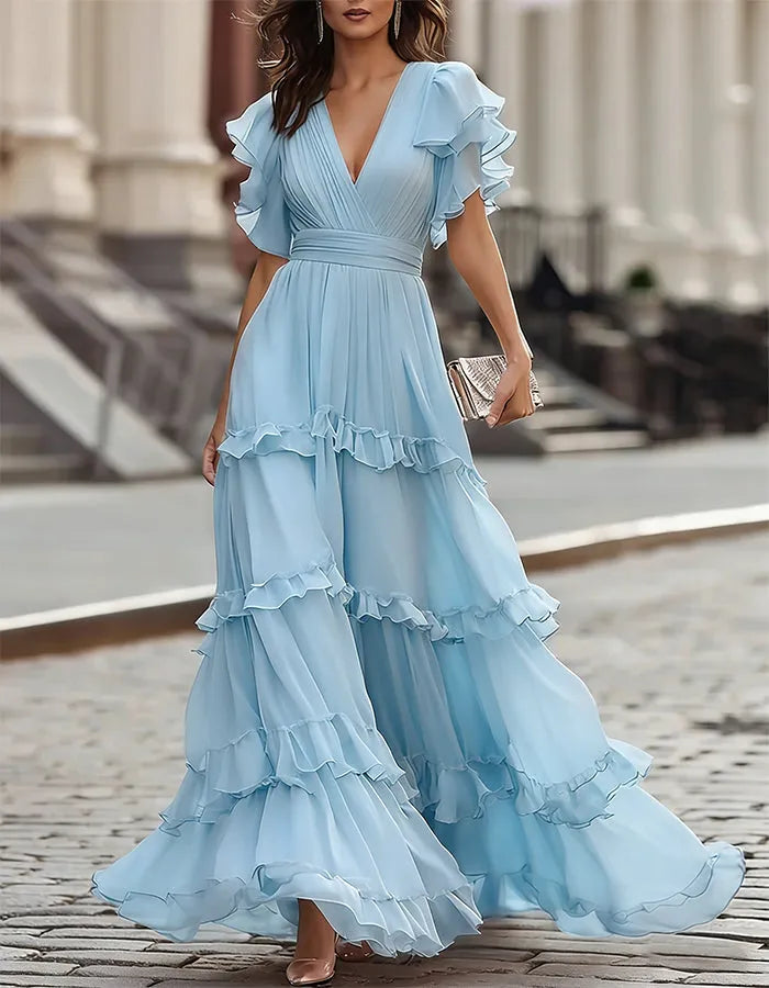 Women's Flowy Ruffle Maxi Wedding Guest Dress with V-Neck