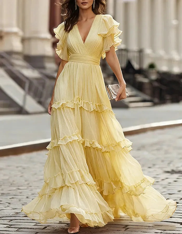 Women's Flowy Ruffle Maxi Wedding Guest Dress with V-Neck